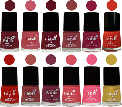 

Fabia Exclusive Nail Polish Set of 12 pcs. Jam-Light Pink-Maroon-Dark Nude-Pure Wine-Orange-Reddish Red-Dark Peach-Plum-Punch Pink-Shock Pink Light-Matte Golden(Pack of 12)