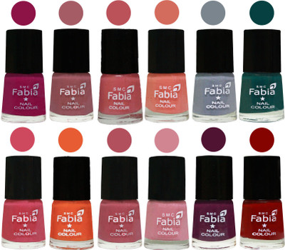

Fabia Exclusive Nail Polish Set of 12 pcs. Raspberry-Lip-Bazooka Joe-Light Peach-Wild Gray Yonder-Dark Green-Shock Pink-Sour Orange-Mauve Pink-Rose-Boysenberry-Bold Red(Pack of 12)