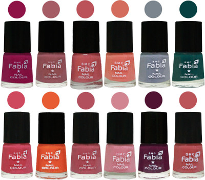 

Fabia Exclusive Nail Polish Set of 12 pcs. Raspberry-Lip -Bazooka Joe-Light Peach-Wild Gray Yonder-Dark Green-Shock Pink-Sour Orange-Mauve Pink-Rose-Boysenberry-Peach(Pack of 12)