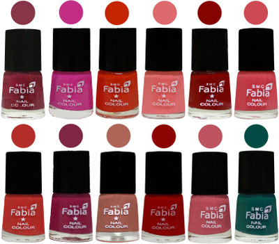 

Fabia Exclusive Nail Polish Set of 12 pcs. Wine Red-Pink Pink-Fire Orange-Baby Pink-Bold Red-Strawberry-Candy Orange-Dark Magenta-coral-Red-Coral Pink -Pine Green(Pack of 12)