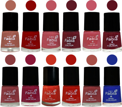 

Fabia Exclusive Nail Polish Set of 12 pcs. coral-Red-Coral Pink -Jam-Light Pink-Maroon-Dark Nude-Pure Wine-Orange-Reddish Red-Dark Peach-Shock Blue Dark(Pack of 12)
