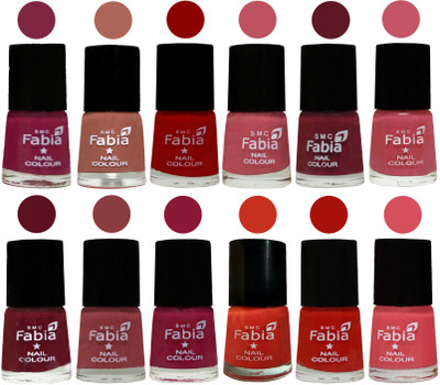

Fabia Exclusive Nail Polish Set of 12 pcs. Dark Magenta-coral-Red-Coral Pink -Jam-Light Pink-Maroon-Dark Nude-Pure Wine-Orange-Reddish Red-Punch Pink(Pack of 12)