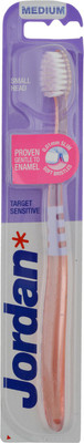 

Jordan Target Sensitive Toothbrush Medium Bristles Latest Design BPA Free Imported Brush gentle to Teeth & Gems. Made in Malaysia (Random Color) Pack of 1 Medium Toothbrush
