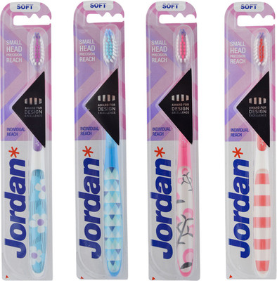 

Jordan Individual Reach Toothbrush Soft Bristles Latest Design BPA Free Imported Brush gentle to Teeth & Gems. Made in Malaysia (Random Color) Pack of 4 Soft Toothbrush(Pack of 4)
