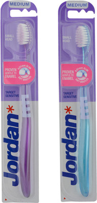 

Jordan Target Sensitive Toothbrush Medium Bristles Latest Design BPA Free Imported Brush gentle to Teeth & Gems. Made in Malaysia (Random Color) Pack of 2 Medium Toothbrush(Pack of 2)