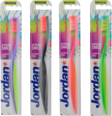 

Jordan Ultimate You Toothbrush Medium Bristles Latest Design BPA Free Imported Brush gentle to Teeth & Gems. Made in Malaysia (Random Color) Pack of 4 Medium Toothbrush(Pack of 4)
