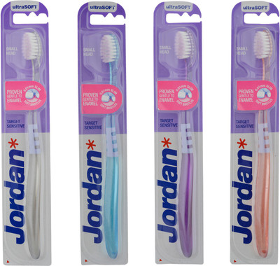 

Jordan Target Sensitive Bristles Latest Design BPA Free Imported Brush gentle to Teeth & Gems. Made in Malaysia (Random Color) Pack of 4 Soft Toothbrush(Pack of 4)