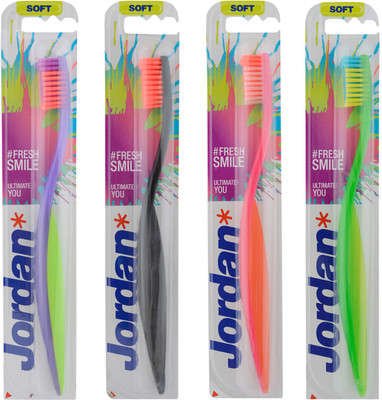 

Jordan Ultimate You Bristles Latest Design BPA Free Imported Brush gentle to Teeth & Gems. Made in Malaysia (Random Color) Pack of 4 Soft Toothbrush(Pack of 4)