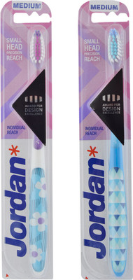 

Jordan Individual Reach Toothbrush Medium Bristles Latest Design BPA Free Imported Brush gentle to Teeth & Gems. Made in Malaysia (Random Color) Pack of 2 Medium Toothbrush(Pack of 2)