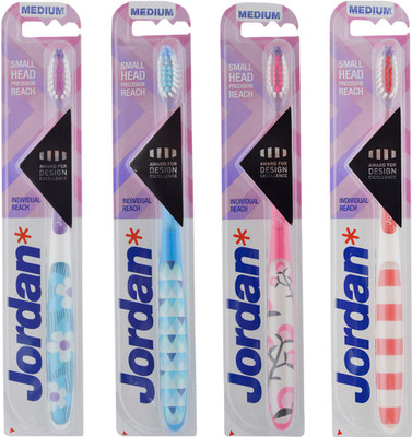 

Jordan Individual Reach Bristles Latest Design BPA Free Imported Brush gentle to Teeth & Gems. Made in Malaysia (Random Color) Pack of 4 Medium Toothbrush(Pack of 4)