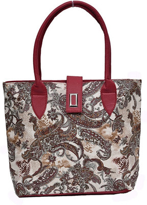 

HALO NATION Women's Tote Bags with Royal Ethnic Print on white leatherlette handbag Shoulder Bag(White, 13 inch)