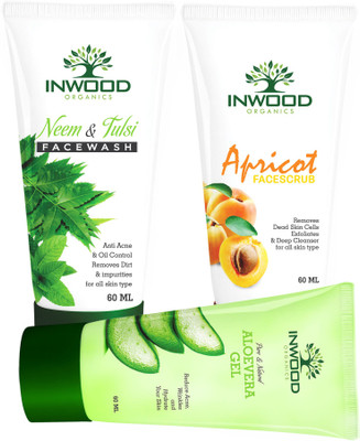 

INWOOD ORGANICS Combo Kit of Neem & Tulsi Face Wash - 60 ML | Apricot Scrub - 60 ML | Pure & Natural Aloe Vera Gel - 60 ML(Set of 3)