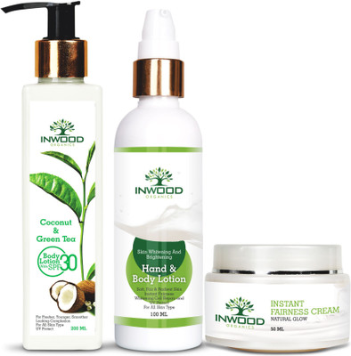 

INWOOD ORGANICS Combo Kit of Coconut and Green Tea Refreshing Body Lotion - 200 ML | Skin Whitening & Brightening Body Lotion - 100 ML | Instant Fairness Cream - 50 G(Set of 3)