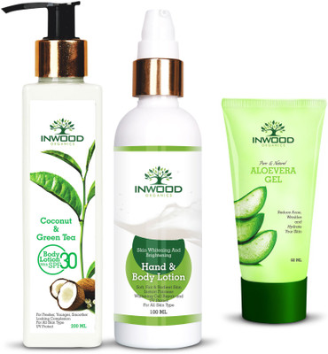 

INWOOD ORGANICS Combo Kit of Coconut and Green Tea Refreshing Body Lotion - 200 ML | Skin Whitening & Brightening Body Lotion - 100 ML | Pure & Natural Aloe Vera Gel - 60(Set of 3)