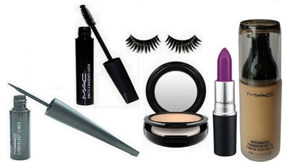

9 to 5 Eyelashes, Mac Match Master Foundation Found De teint, Studio Fix Compact, Liquid Last Liner & Haute Naughty Mascara with Lustre Lipstick Rouge a Levres(Set of 6)