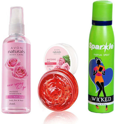 

Avon Anew Naturals Rose 3 in 1 Spray (150 ml) & Natural Face care Whitening Mask -Rose Petal (75 g) With one sparkle perfume spray 150 ml(Set of 3)