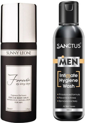 

Sunny Leone Forever Perfume Body Spray For Men & SANCTUS Intimate Hygiene Wash For Men Combo (150ml + 100ml) Perfume Body Spray - For Men(150 ml, Pack of 2)