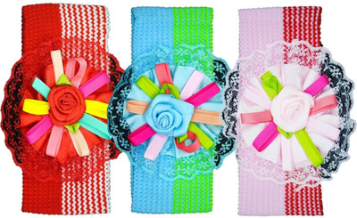 

Netboys Crochet Cutwork Flower Baby Headband ( Red, Green, Pink ) 3 Pcs Set Hair Band(Multicolor)