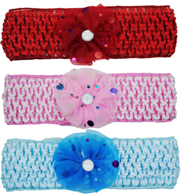 

Netboys Crochet Cutwork Flower Baby Headband (Red, Pink, Blue ) 3 Pcs Set Hair Band(Multicolor)