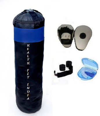 

HEALTH FIT INDIA 4.5 Feet Long, PU Material, Black and Blue Color, Unfilled with Hanging Straps, Pair of Black Color Curve Coacher Pad, 9 Feet Long Black Color Hand Wraps and Blue Color Mouth Guard Boxing Kit
