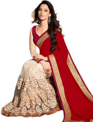 

Radhecreation Embroidered Bollywood Handloom Satin, Net Saree(Red)
