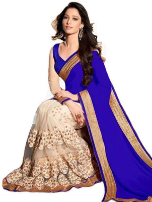 

Radhika Sari Self Design Bollywood Satin, Net Saree(Beige, Blue)