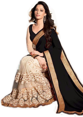 

Shivanifashion Embroidered Fashion Handloom Satin, Net Saree(Beige, Black)