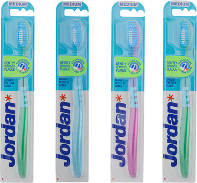 

Jordan Target Teeth & Gums Toothbrush Medium Bristles Latest Design BPA Free Imported Brush gentle to Teeth & Gems. Made in Malaysia Pack of 4 Medium Toothbrush(Pack of 4)