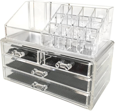 

ShopyBucket Acrylic 4 Drawer Home Makeup Cosmetic Conceal Lipstick Stand Eye shadow Brushes Jewellery Organizer in One Place Storage Makeup, Jewellery, Eye shadow Brushes Vanity Box(Transparent)