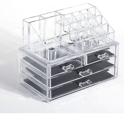 

ShopyBucket Acrylic 4 Drawer Home Makeup Cosmetic Conceal Lipstick Stand Eye shadow Brushes Jewellery Organizer in One Place Storage Makeup, Jewellery, Eye shadow Brushes Vanity Box(Transparent)