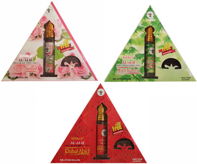 

Kivalo Ⓡ Pure Original Attar Jannat, Marhab & Ruhul-Abid Roll On Attar Pack of 3 x 8 ml with Free 3 x 10 g Bukhoor Coin Floral Attar(Musk)