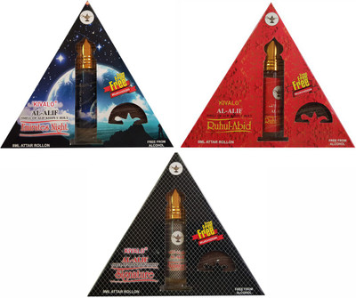

Kivalo Ⓡ Pure Original Emirates Night, Ruhul-Abid & Signature Roll On Attar Pack of 3 x 8 ml with Free 3 x 10 g Bukhoor Coin Floral Attar(Musk)