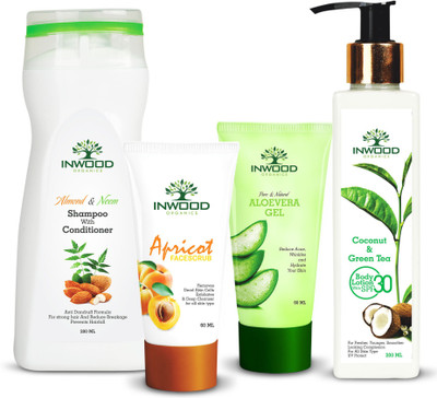 INWOOD ORGANICS Combo Kit of Almond and Neem Shampoo for Dandruff and Hair fall - 200 ML | Apricot Scrub - 60 ML | Pure & Natural Aloe Vera Gel - 60 ML | Coconut and Green Tea Refreshing Body Lotion - 200 ML(Set of 4)