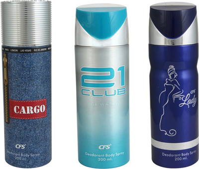 

CFS Cargo Blue Deodorant Body Spray 200 ml + Lady Blue Deodorant Body Spray 200 ml + 21 Club Ice Water Deodorant Body Spray 200 ml Deodorant Spray - For Men & Women(600 ml, Pack of 3)