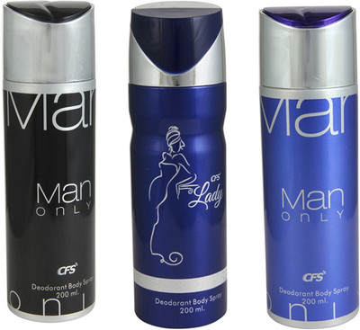 

CFS Man Only Blue Deodorant Body Spray 200 ml + Lady Blue Deodorant Body Spray 200 ml + Man Only Black Deodorant Body Spray 200 ml Deodorant Spray - For Men & Women(600 ml, Pack of 3)