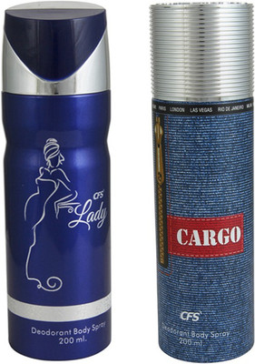 

CFS Cargo Blue Deodorant Body Spray 200 ml + Lady Blue Deodorant Body Spray 200 ml Deodorant Spray - For Men & Women(400 ml, Pack of 2)