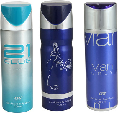 

CFS Man Only Blue Deodorant Body Spray 200 ml + 21 Club Ice Water Deodorant 200 ml + Lady Blue Deodorant Body Spray 200 ml Deodorant Spray - For Men & Women(600 ml, Pack of 3)