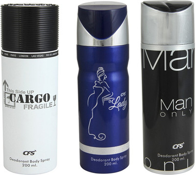 

CFS Cargo White Deodorant Body Spray 200 ml + Man Only Black Deodorant Body Spray 200 ml + Lady Blue Deodorant Body Spray 200 ml Deodorant Spray - For Men & Women(600 ml, Pack of 3)