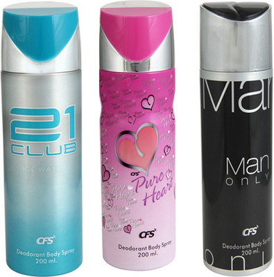 

CFS Man Only Black Deodorant Body Spray 200 ml + Pure Heart Deodorant 200 ml + 21 Club Ice Water Deodorant Body Spray 200 ml Deodorant Spray - For Men & Women(600 ml, Pack of 3)