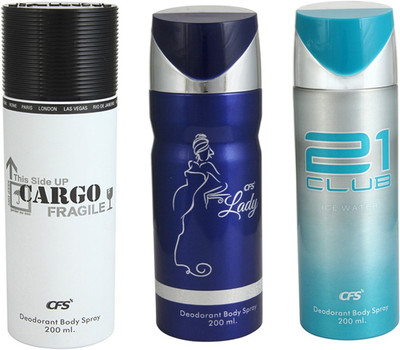 

CFS Cargo White Deodorant Body Spray 200 ml + 21 Club Ice Water Deodorant Body Spray 200 ml + Lady Blue Deodorant Body Spray 200 ml Deodorant Spray - For Men & Women(600 ml, Pack of 3)