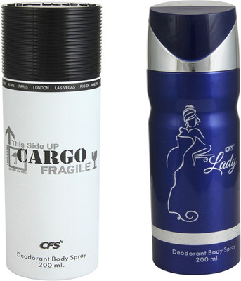 

CFS Cargo White Deodorant Body Spray 200 ml + Lady Blue Deodorant Body Spray 200 ml Deodorant Spray - For Men & Women(400 ml, Pack of 2)