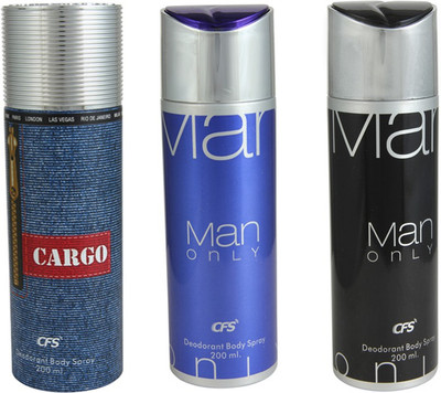 

CFS Cargo Blue Deodorant Body Spray 200 ml + Man Only Black Deodorant Body Spray 200 ml + Man Only Blue Deodorant Body Spray 200 ml Deodorant Spray - For Men & Women(600 ml, Pack of 3)
