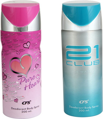 

CFS 21 Club Ice Water Deodorant Body Spray 200 ml + Pure Heart Deodorant Body Spray 200 ml Deodorant Spray - For Men & Women(400 ml, Pack of 2)