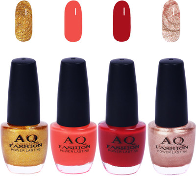 

AQ Fashion Funky Vibrant Range of Colors Nail polish Golden,Orangy Pich,Blood Red,Salsa Pink(Pack of 4)