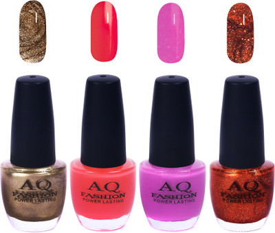 

AQ Fashion Funky Vibrant Range of Colors Nail polish Espresso Golden,Light Coral,Silence Violet,Titanic Shimmer(Pack of 4)