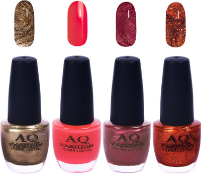 

AQ Fashion Funky Vibrant Range of Colors Nail polish Brwnish Golden,Flirt Pink,Peppy Plum,Copper(Pack of 4)