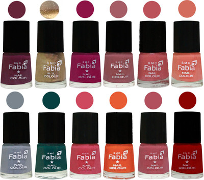 

Fabia Matte Nail Polish Exclusive Combo Mulberry, Golden, Raspberry, Lip, Bazooka Joe, Light Peach, Wild Gray Yonder, Dark Green, Shock Pink, Sour Orange, Mauve Pink, Red(Pack of 12)