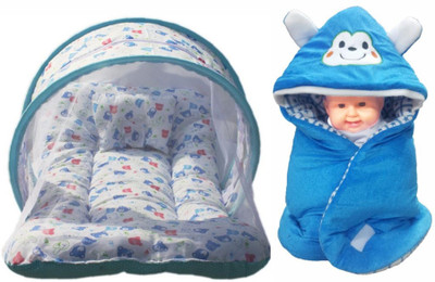 

Brandonn Combo Of baby bedding set with protective mosquito net and pillow And Hooded Baby Blanket Cum Sleeping bag(Multicolor)