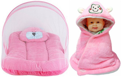 

Brandonn Combo Of baby bedding set with protective mosquito net and pillow And Hooded Baby Blanket Cum Sleeping bag(Multicolor)
