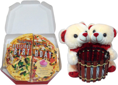 

Natali Traders Birthday Gift Combo - Couple Pen Stand Teddy with Pizza Themed Birthday Card(Set of 2)